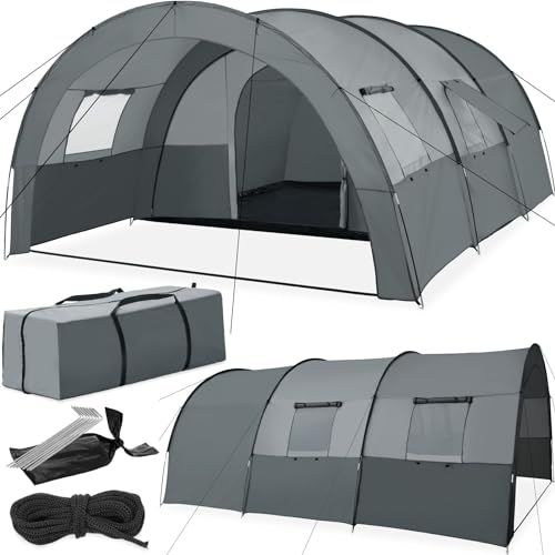 tectake® Tunnelzelt für 6 Personen, Familienzelt mit Vorzelt und Bodenplane, 6 Personen Zelt, UV-Schutz, wasserabweisend, Camping Zelt inkl. Tragetasche, 350 x 480 x 195 cm - dunkelgrau/hellgrau