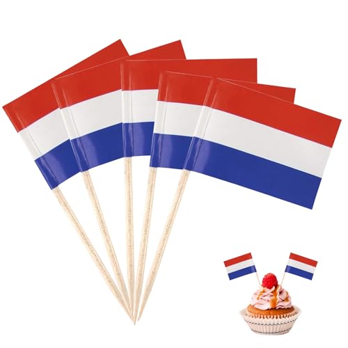 Catelves 100 Stück Niederlande Flagge, Zahnstocher Holz, Deko Party Spieße Fingerfood, Fähnchen für Cake Obst Cocktail Zubehör