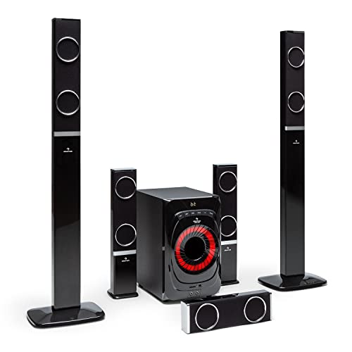 auna Areal 825 5.1 Soundsystem - 5.1 Heimkinosystem mit 200 Watt Leistung RMS, 8" Heimkino Subwoofer + 5 Lautsprecher, Bluetooth, USB, SD, AUX, inkl. Fernbedienung