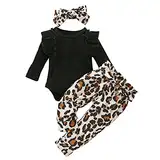 Baby Mädchen Kleidung Neugeborenes Mädchen Outfits Langarm Leopard Strampler Jumpsuit Top und Hosen Stirnband Bekleidungsset 12-18 Monate