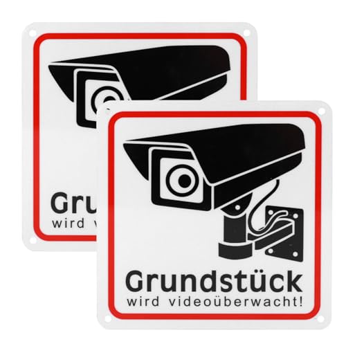 PZJFH 2er-Pack Videoüberwachungsschilder, 15x15 cm Aluminium-Warnschilder für Sicherheitsbereich, Innen- und Außenbereich, Robustes Metall-Sicherheitszeichen für Videoüberwachung