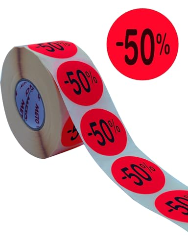 Original Meto Rabatt-Etiketten - -50% - (40 mm, rund, fluor rot, permanent, 1000 Etiketten auf Rolle, Haftetiketten 30004925)