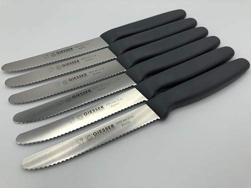 Giesser Messer - Made in Germany - 6er Set Brötchenmesser Tomatenmesser Küchenmesser Allzweckmesser Universalmesser Gemüsemesser 3mm Wellenschliff Klingenlänge 11cm Grau