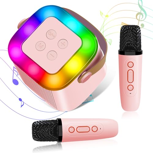 Karaoke Maschine Geschenke für Mädchen, Mikrofon Kinder Mini Karaoke mit 2 Mikrofon, Karaoke Mikrofon mit LED Tragbare Bluetooth Lautsprecher, Geburtstagsgeschenk für Mädchen Kinder Spielzeug 3-12