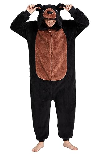 Loiahoer Unisex Erwachsene Bär Onesie Kostüm Pyjama Halloween Cosplay Kostüm Neuheit Tier SHU Velveteen Weihnachten Schlafanzug Pyjamas Set für Familie & Paare,Schwarz,XL