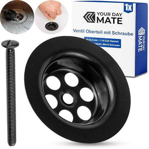 Ersatz Ventil Oberteil mit Montageschraube, für Ablaufventile von Spültischen, Ø 62,5 mm - 1 1/4 Zoll, schwarzes Ventiloberteil Spüle mit M6x70 Schraube, Ersatzteil für Stopfenventil von Küchenspülen