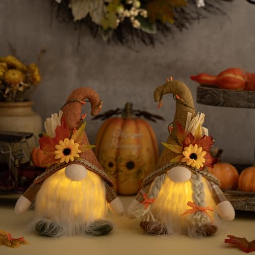 2 Stück Herbstdeko Wichtel mit LED Licht, Herbst Deko Beleuchtet Wichtel mit Ahornblatt Sonnenblumen Deko, Herbst Dekoration Wichtel Figuren Plüsch Für Erntedankfest Weihnachten Party Deko (Mit LED)