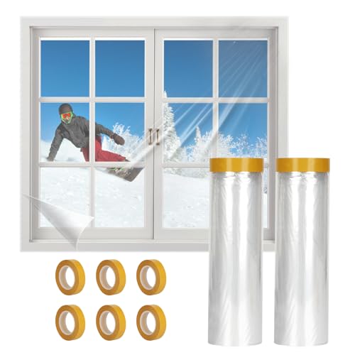 MAGZO Thermo Cover Fenster 1,6 m x 10 m x 2 Set, Transparente Thermofolie für Fenster Isolierfolie zur Wärmedämmung Kälteschutzfolie mit 6 Rolle Selbstklebende Band