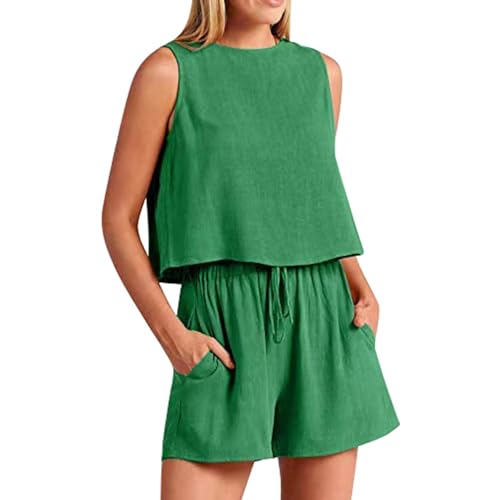 Frühling Sommer Frauen Casual Ärmel Einfarbig Hohe Taille Lose Shorts Zwei Stück Set Federmäppchen Katze Hausanzug Damen Sommer Hausanzug Damen Elegant Damen Jogginganzug Damen Sportanzug (Green, L)