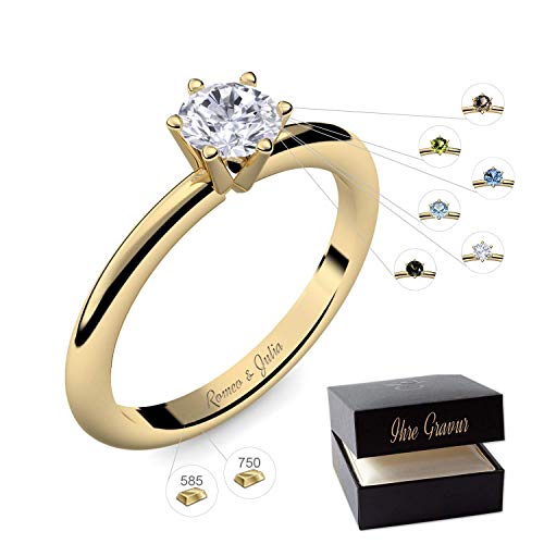 Verlobungsring Gold 585 750 PERSONALISIERT + ETUI mit individueller GRAVUR Damen-Ring Heiratsantrag Solitär-Ring Zirkonia Aquamarin Turmalin Blautopas Peridot Rauchquarz