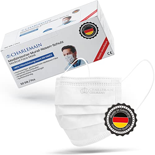 Charlemain 50x OP Masken, Made in Germany, EN 14683 Typ IIR, Medizinischer Mund-Nasen-Schutz, BFE >99,9% 3-lagig, Latexfrei, MNS, Einweg-Gesichtsmasken - Weiß