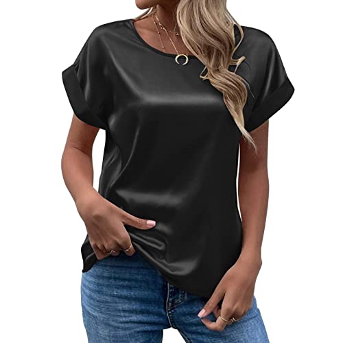 CGGMVCG Frauen Sommer Tops Frühling Sommer Damen Kurzarm Seide Satin Shirt Lose Casual Rundhals Blusen, Schwarz, Groß