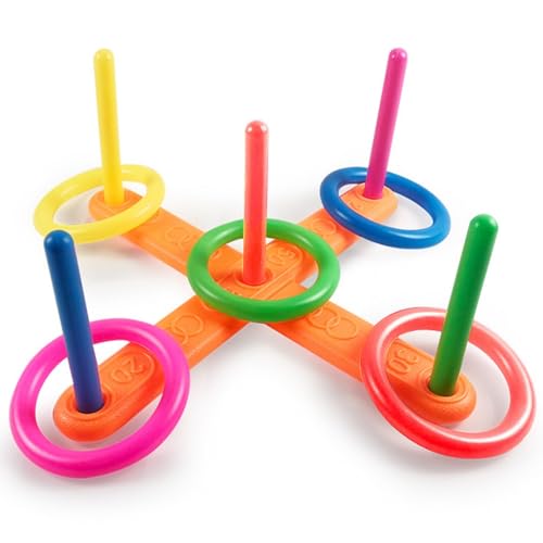 Tokaneit Ringwurfspiel Kinder Outdoor, Wurfspiel Ringwurfspiel, Spielzeug Werfen, Wurfspielzeug für Kinder mit 5 Spielstäben und 5 Bunt Ringe Werfen, Geschicklichkeits-Spiel für Kinder und Erwachsene
