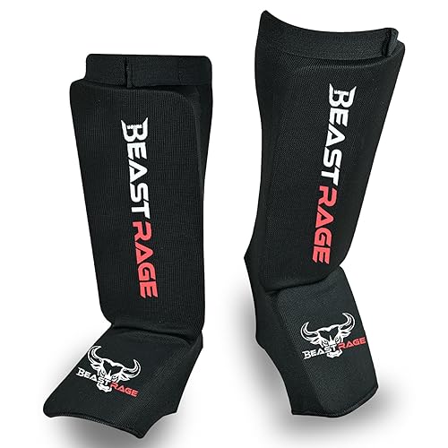 BEAST RAGE Schienbeinschoner für Muay Thai, Kickboxen, MMA, Taekwondo, Boxen, Kampfsport, elastische Socke, gepolsterte Bein- und Spannschutzpolster, Schienbeinschoner, Sparring-Training, Karate BJJ