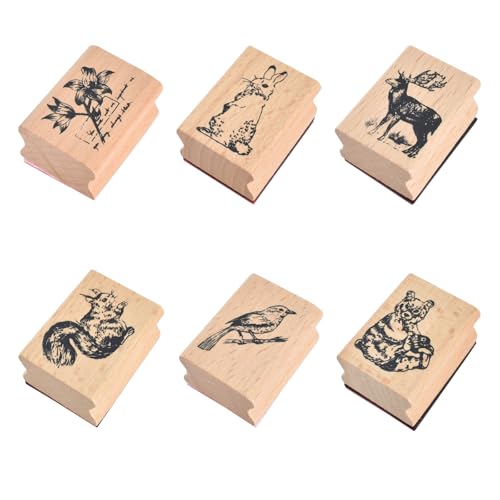 6 Stück Holz Tierstempel, Waldtiere Stempel-Set aus Holz, Süßes Tiere Stempel Vintage mit Tiere und Pflanzen-Waldmuster, Gummi Holz Stempel für Scrapbooking Bastelmarken Dekorative Siegel