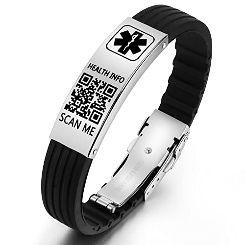 Theluckytag Medizinisches Armband mit QR-Code-Notfall-ID, aus Silikon, wasserdicht, passt bis 22,9 cm Handgelenk, Notfallinfo, mehr Platz, für Sport, Jungen/Mädchen/Damen/Herren, 8.82'', Silikon, Kein