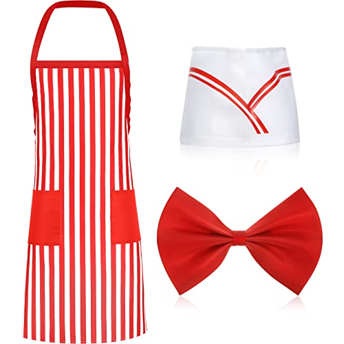 3 Stück 1950er Jahre Erwachsene Kellner Kostüm Kit Soda Jerk Kostüm Rot und Weiß Gestreifte Schürze Verstellbare Latzschürzen mit 2 Taschen Kochmütze Verstellbare Rote Fliege für Halloween Cosplay