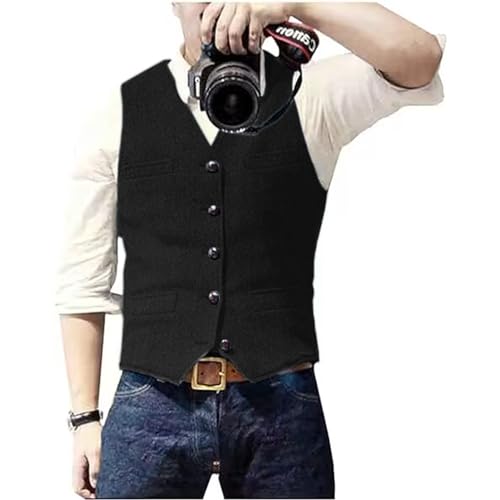 Solovedress Herren Casual Wolle Fischgrätmuster Anzug Weste V-Ausschnitt Tweed Weste für Hochzeit Groomsmen(Schwarz,L)