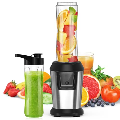 Mixer, Smoothie Maker, 500W Standmixer to Go mit 2x600ml Smoothie Flaschen BPA frei Tritan,Tragbarer Blender Smoothie Maker aus Edelstahl 4-Blatt für Shake, Smoothie und Babynahrung, Silber