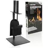 com-four® 3-teiliges Kaminbesteck in schwarz in kompakter Größe aus Metall, mit Schaufel, Besen und Halter, ideal für Kaminöfen (003-teilig Besteck)