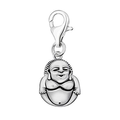 Quiges Charm Anhänger 3D Lächelnder Buddha 925 Silber mit Karabinerverschluss für Bettelarmband