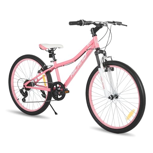 Hiland Climber 24 Zoll Kinderfahrrad Mountainbike MTB mit Federgabel 7 Gang V-Bremse Jugend Mädchen Jugendliche Fahrad rosa