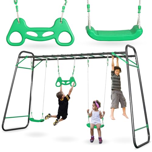 HyperMotion Swing HYP17 Gartenschaukel-Set XXL: 2 Schaukelsitze, Kletterleiter und Turntrapez - Stabiler Stahlrahmen belastbar bis 150 kg - Outdoor-Spielgerät für den Garten