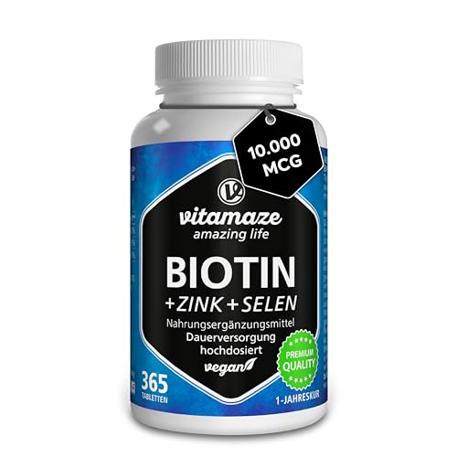 Biotin hochdosiert 10.000 mcg + Selen + Zink für Haarwuchs, Haut & Nägel, 365 vegane Tabletten für 1 Jahr, Nahrungsergänzung ohne Zusatzstoffe, Made in Germany