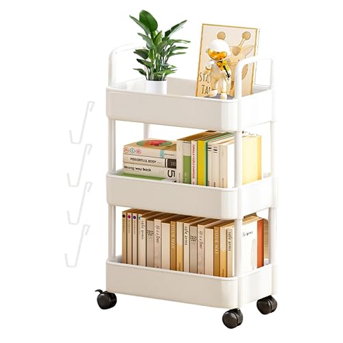 BUNIQ Storage Trolley 3-Tier Rolling Utility Cart Storage Shelf Rack On Wheels and Hooks, Rolling Cart Storage Organizer, Multi Purpose Storage Shelf for Kitchen, Bathroom, Bedroom, Dressers