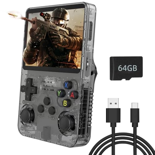 R36S Handheld-Spielekonsole, mit Open-Source-Linux-System, 64GB TF-Karte 15000 Retro-Spiele, 3,5-Zoll-IPS-Bildschirm, Retro-Spielekonsole, Handheld-Emulator-Konsole, 3000-mAh-Akku (Schwarz, 64GB)