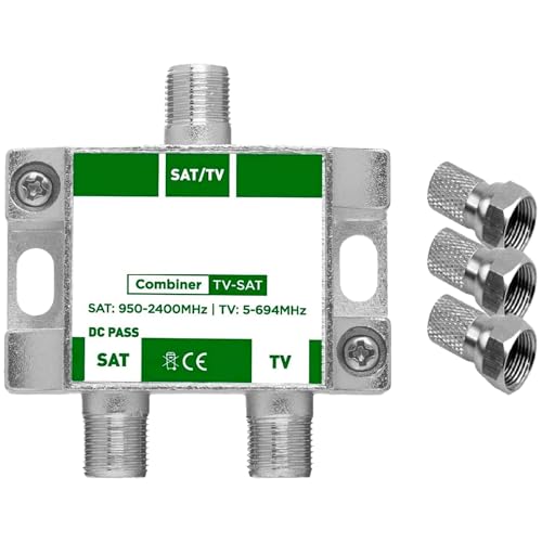 TECHZOCO Satelliten- und terrestrischer Signalmischer, TV-/Sat-Mischer, Satelliten- und terrestrisches Signal, geeignet für die Kombination von zwei Signalen auf derselben Leitung, DC-Durchgang, mit