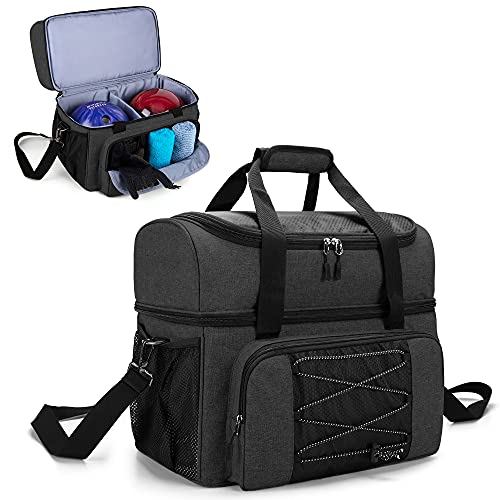 DSLEAF Bowlingtasche für 2 Bälle mit Holzballhalter und gepolsterter Trennwand, EIN Paar Bowlingschuhe und zusätzliche Essentials, nur Tasche