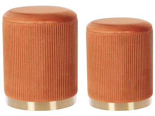 Runder Pouf im 2er Set aus Samt orange Ottoman Sitzpouf Rillen-Optik Miramar