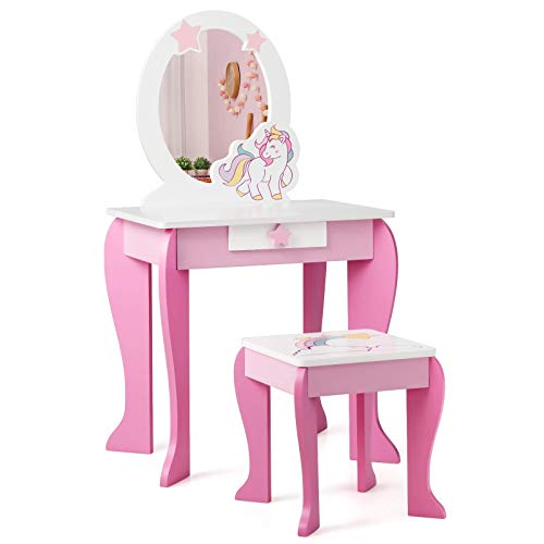 DREAMADE Kinder Schminktisch mit Hocker und Abnehmbarer Spiegel, Prinzessin Frisiertisch für Kinder, Frisierkommode mit Schublade Kinderschminktisch für Mädchen (Rosa)