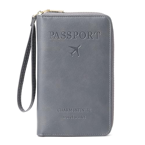 Reisepass Tasche, Travel Wallet Organizer, Reisepasshülle mit RFID Blocker für Damen und Herren, Reisezubehör Passport Tasche für Kreditkarten, Ausweis und Reisedokumente (Grau)