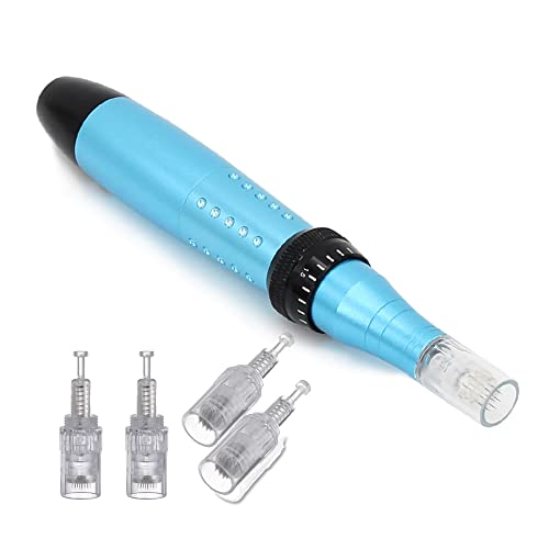 BOWKA Elektrischer Derma Pen Microneedling Pen microneedling roller,inkl. 4 Stück 12 Pin Nadelnpatrone, verstellbare 0,25mm-2,0mm Nadellänge und 5 Geschwindigkeit (blau)