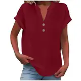 Damen Tshirt, musselin Bluse Damen 2025 Frauen Sommer Tshirt Baumwolle Leinen Cap Sleeve T-Shirt Knopf V-Ausschnitt Tunika Tops Mode Baggy Solid Plain Casual Tshirts Trendy Bluse Wein XL