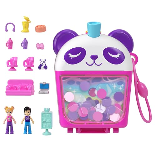 Polly Pocket-Puppen und Spielset, Bubble Tea-Pandaschatulle, tierisches Spielzeug mit 2 kleinen Puppen, Panda und Lebensmittel-Zubehörteilen, HWN95