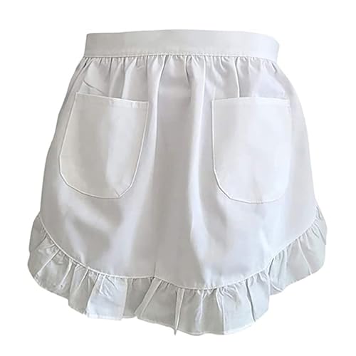 Schürzen für Frauen Vintage Maid Ruffle Apron Kellnerin Schürze Weiß Schürze 66 * 42.6cm Maid Kostüm Sexy Schürzen für Frauen Taille Schürze mit Taschen Küche Schürzen zum Kochen Wäsche Schürze