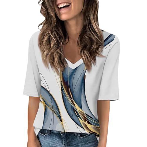 Lässiges T-Shirt für Damen und Mädchen 2024, modisches Oberteil, Sommer-Tops für Damen 2024, ellbogenlang, V-Ausschnitt, elegant, lässig, halbe Ärmel, Basic-T-Shirt, Tunika, Tops, Bluse, technische