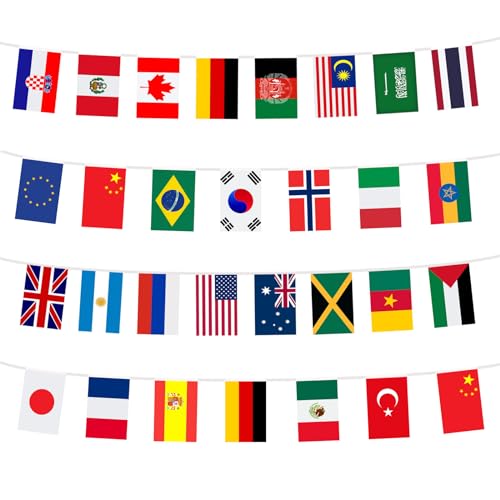 100 Länderflagge, Flaggen der Welt, 28 m internationale Flaggen, Wimpelkette, internationale Flaggen für Dekorationen, Schulfestivals, Bars, Sportvereine, Feiern – 20,3 x 12,7 cm
