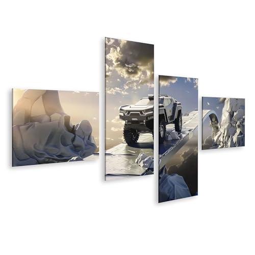 islandburner Bild auf Leinwand Futuristisches Fahrzeug auf schwebender Brücke in Berglandschaft für Wohnzimmer Technikbegeisterte Technikladen Bilder Wandbilder Poster