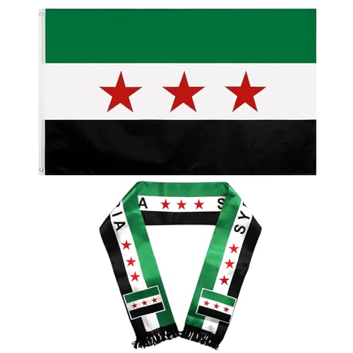 Flagge Syrien,Syrien-Flagge 90x150 cm,Syrisch Flaggenschal 135x14 cm,Doppelseitiger Syrischer Schal,Syrische Flagge,Syrischen Fahne,Syrischer Flag mit Messingösen,Wetterfeste Fahnen für Outdoor