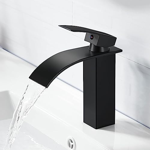 kisimixer Wasserhahn Bad Schwarz Wasserfall, Waschtischarmatur Bad Schwarz, Badarmatur Einhand Waschtischbatterie mit Auslauf Höhe 232mm, Mischbatterie Waschbecken Schwarz Matt