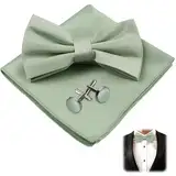 THKO Fliege Herren Mit Taschentuch Manschettenknöpfe Set, Aus Grüner Seide Elegantes Herren Set Mit Grüner Seidenfliege Seidig Grünem Taschentuch Und Stilvollen Manschettenknöpfen
