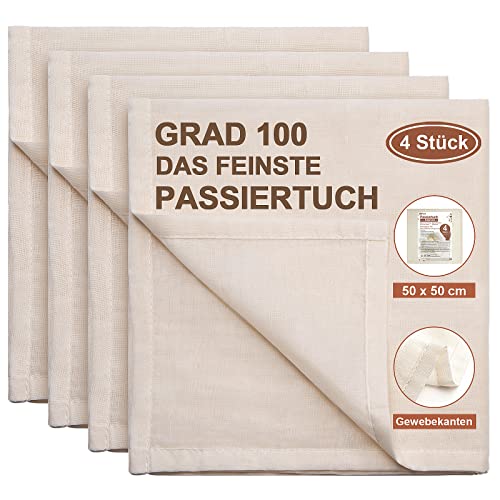 eFond Passiertuch, 4 Stück 50x50cm Käsetuch Feingewebt Dichtegrad 100 Cheesecloth Ungebleichte Reine Baumwolle mulltuch mit Sauber Umgeschlagene Saum, Seihtuch Waschbar und Wiederverwendbar