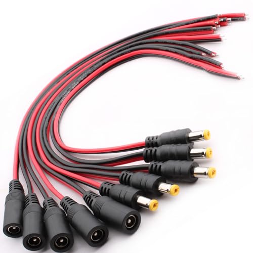 RUNCCI-YUN 10Pcs 18AWG DC 12V 5A 5.5 x 2.1mm Male Female DC Power Pigtail Kabel,DC Power Jack Plug Adapter hohlstecker 5,5 2,1 Niedervolt Steckverbinder für CCTV Sicherheit Kamera