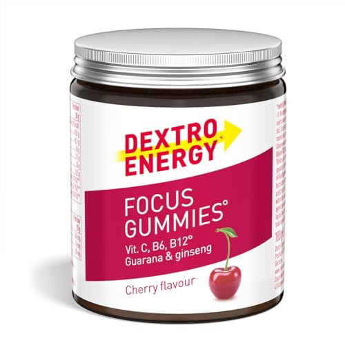 Dextro Energy Focus Gummies Cherry - 180g - mit Guarana, Gingsengwurzelextrakt und Vitamin B6, B12 und C - Zur Unterstützung der Konzentration und Energie