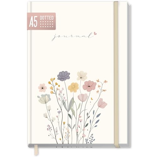 paper&you® Bullet Journal dotted A5 mit Gummiband "Flower Joy" 156 Seiten, Notizbuch gepunktet, Tagebuch - nachhaltig & klimafreundlich