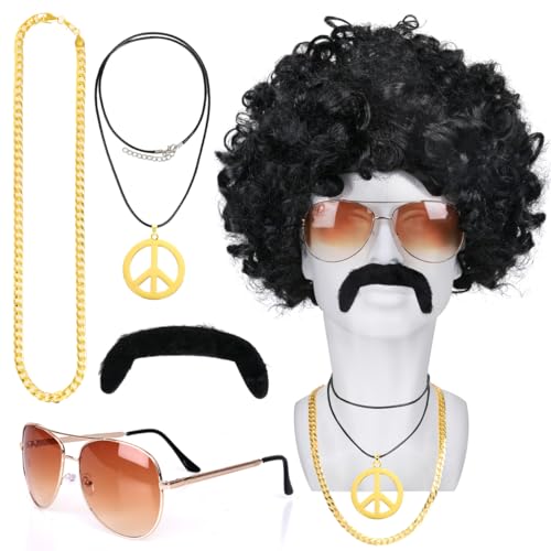 Humairc Karneval Kostüm Afro Perücke Herren Perücke Sonnenbrille Halskette Bart 70er 80er Jahre Outfit für Männer Damen Rocker Perücke Karneval Kostüm Damen Herren (Schwarz)